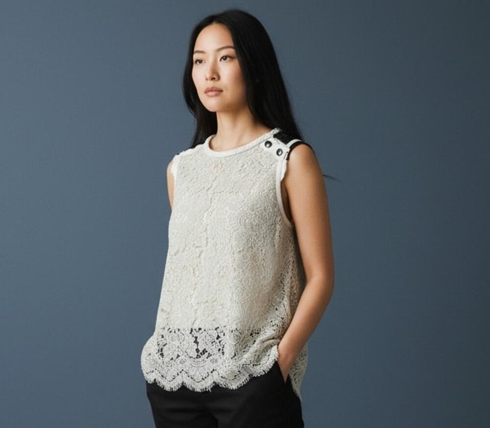 Proenza Schouler Lace Mesh Sleeveless Top Ivory Black Size 2 Made in USA